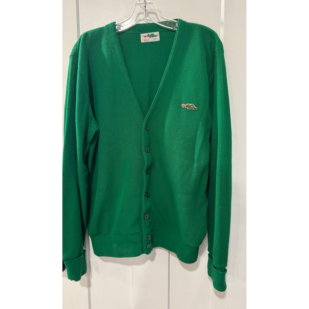 Vintage Sears Dragon Cardigan Sweater Mens Large Green Button Front V-Neck Knit
